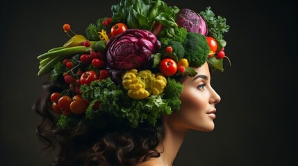 Generative AI : Fresh vegetables in woman head symbolizing health nutrition.