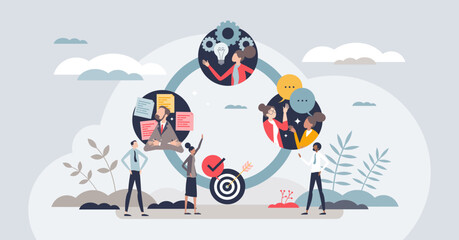 Change management cycle with personal improvement process tiny person concept. Growth or progress with new strategy implementation vector illustration. Business negotiation and communication circle.