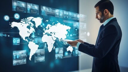 A businessman holds up a world map infographic board with communication icons, photos, on a blue background. Touch screen technology. - obrazy, fototapety, plakaty