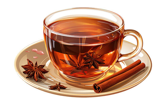 Tea cup with cinnamon and anise isolated on PNG Background. Generative Ai.