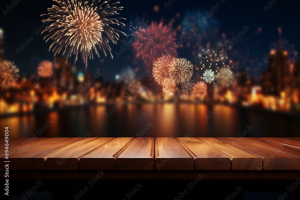 Poster Generative AI : Image of wooden table in front of blurred fireworks background