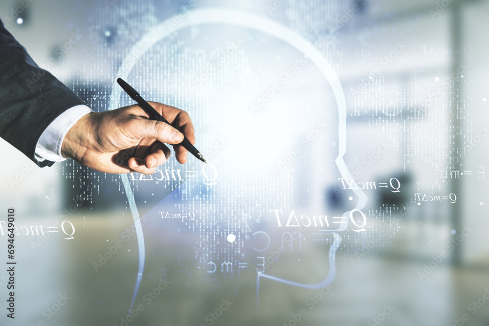 Poster man hand with pen working with abstract virtual artificial intelligence interface with human head ho