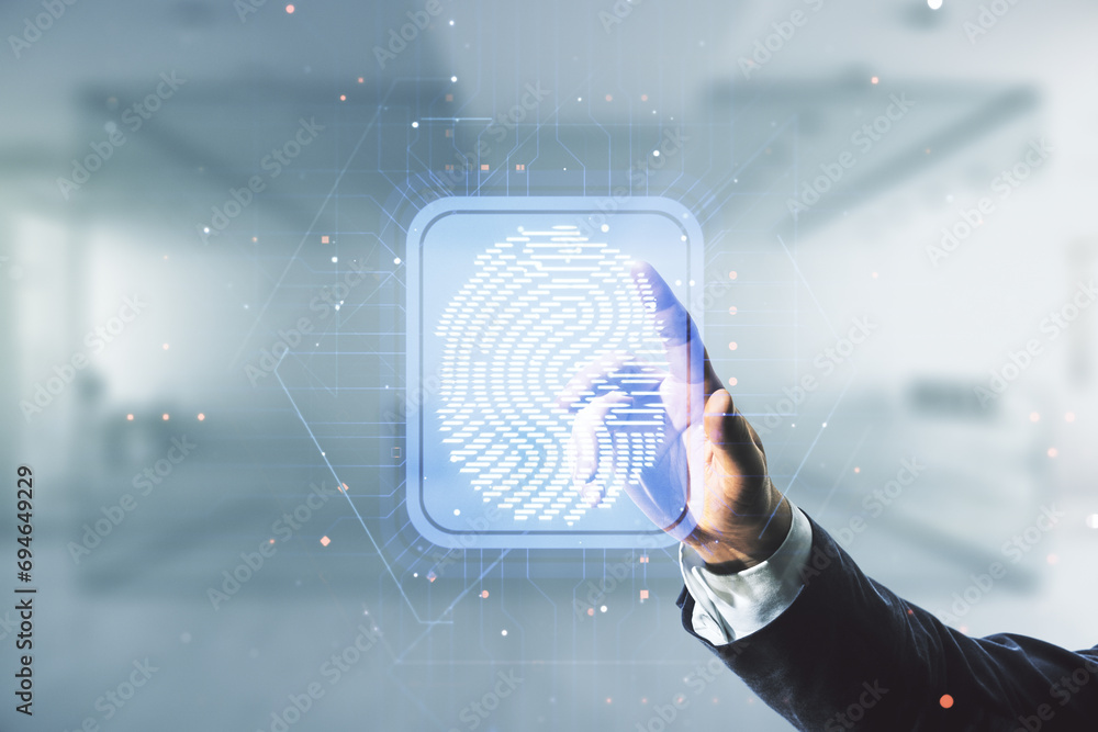 Poster man hand clicks on abstract virtual fingerprint illustration on blurred office background, personal 