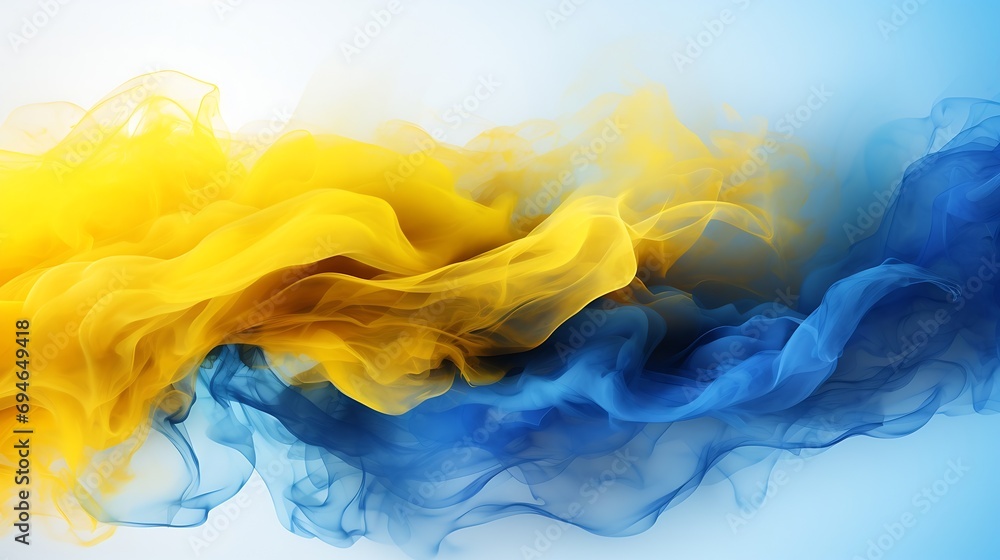 Poster generative ai : ukrainian flag performed from color smoke on the white background.