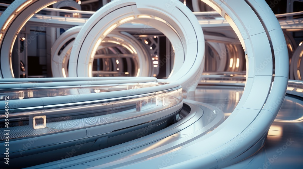 Poster a high-tech curved cargo conveyor belt in platinum color and a hydraulic machine in platinum color i