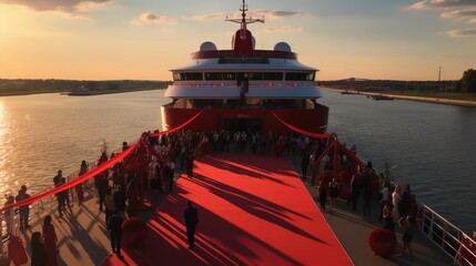 Red carpet VIP evening event on the river in a red freight boat. Generative AI. - obrazy, fototapety, plakaty