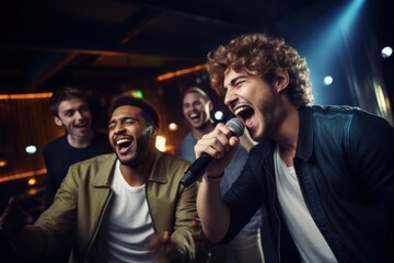 Male friends singing karaoke at a bar - obrazy, fototapety, plakaty