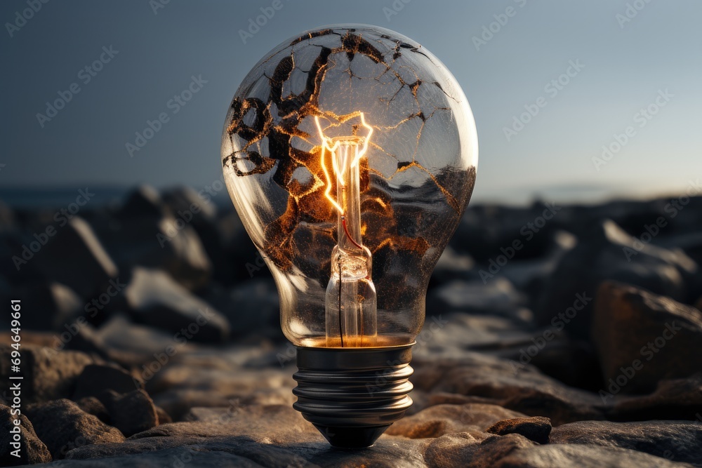 Poster Light Bulb made from concrete. Generative AI.