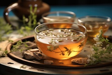 Chinese traditional tea cups with tea inside. Generative AI.