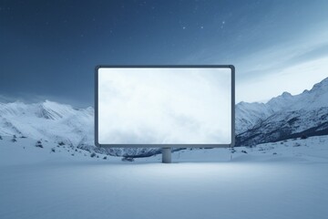 A snowy mountain landscape with a billboard, creating a serene and wintry setting for your personalized designs.