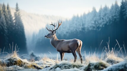 A bull elk in a cold morning meadow at forest. Generative AI.