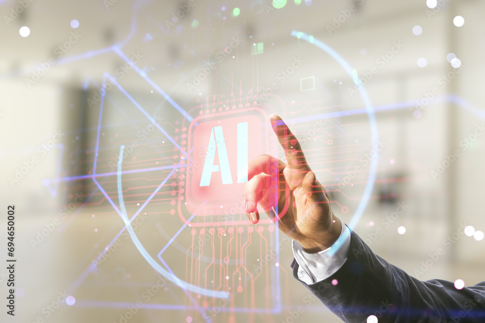 Poster double exposure of businessman hand working with creative artificial intelligence abbreviation holog
