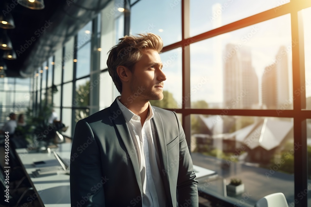 Poster Generative AI : man enjoying the view out of the window in an open office