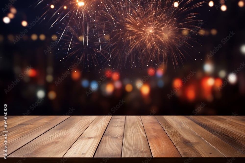Fototapete generative ai : image of wooden table in front of blurred fireworks background