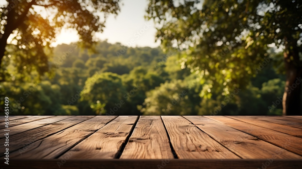 Poster Generative AI : Empty wooden table in front of green nature and mountain background.