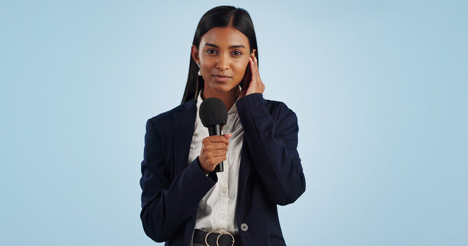 Woman, portrait or tv reporter in studio talking, speaking on talk show or media on blue background. Breaking news, press or Indian presenter presenting live global political events with microphone - Powered by Adobe