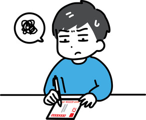 困った顔で年賀状を書く私服の若い男性(上半身)