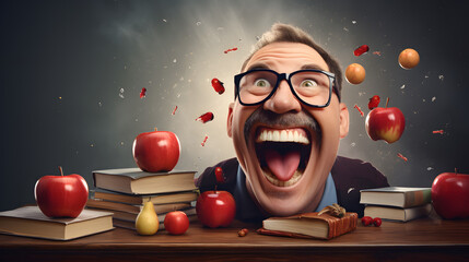 Creative image of a teacher with crazy smiling  near the table with books and apple around him