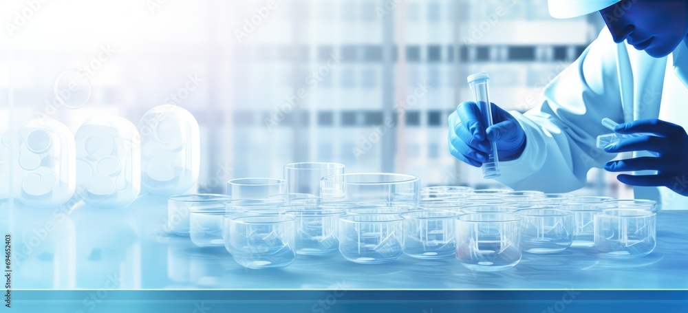 Poster pipetting sample into micro well plate while doing research on biotechnology. lab scientist at work,