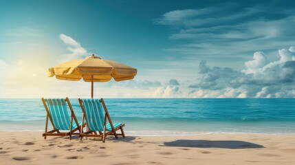 Fototapeta na wymiar Tropical beach scene with sun loungers and umbrella. Vacation and travel.
