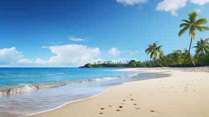 Fototapeta na wymiar A sandy tropical beach with a distant island on the horizon