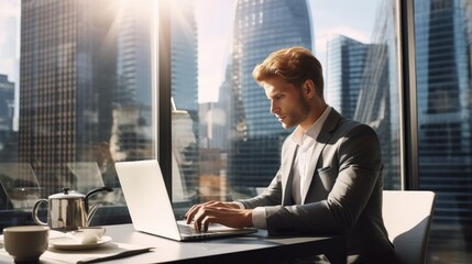 Businessman, exuding confidence, working on his laptop at a stylish desk in a modern office.