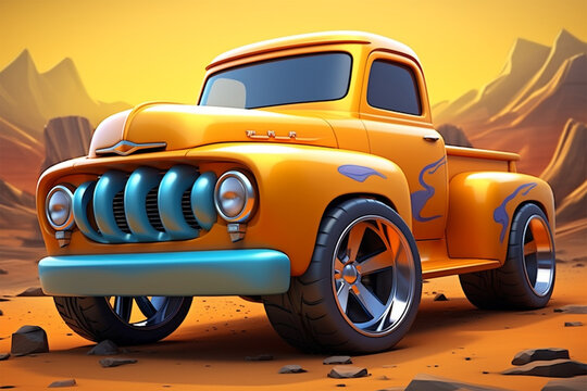 3D illustration, cute cartoon style pickup truck
