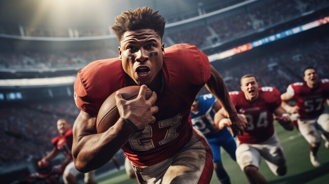 An athletic multiethnic player in action, running to score a slam dunk goal in front of a cheering, crowded arena.