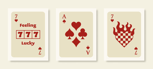 Playing Cards Posters. Retro Wall Art Prints Set with Ace, 777 Slot Machine and Heart. Vector Illustration Collection - 694652896