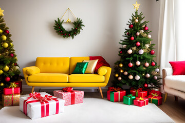 Decorated Christmas tree surrounded by gifts in living room at home with yellow sofa. 3d rendering