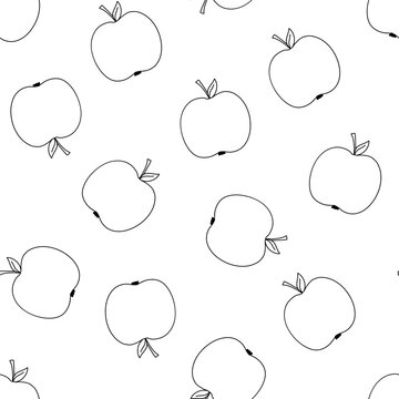 Seamless vector monochrome pattern with apples. Outline vector fruit isolated on white