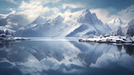 Fototapeta na wymiar Frozen lakes with reflections of snowy peaks