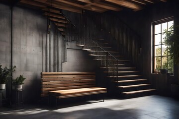Loft Interior with Staircase, Wooden Bench, and Concrete Wall - Powered by Adobe