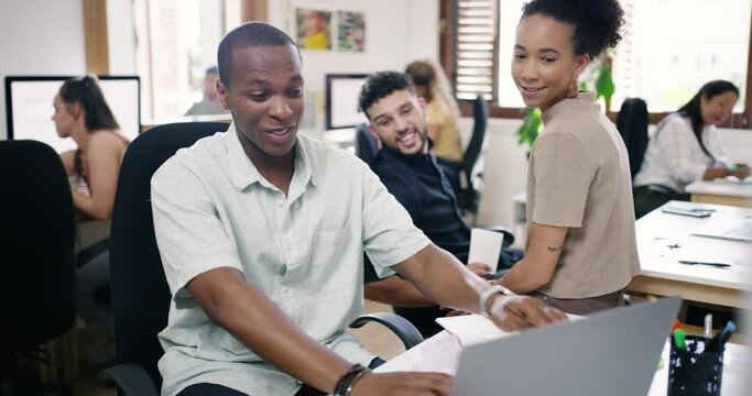 Men, women and talking in office for project planning or laptop research, collaboration or digital marketing. Colleagues, conversation and online at startup or advertising, connectivity or discussion