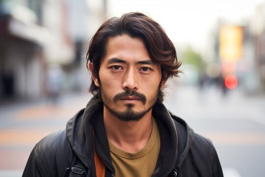 Asian man serious face portrait on city street
