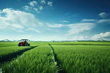 A tractor in the middle of a rice paddy field.
