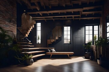 Loft Entrance Hall with Staircase and Wooden Seating