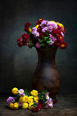 Still life with two bouquets of chrysanthemums
