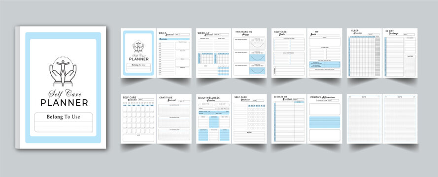 Self Care Planner, 16 page design template layout with cover page design