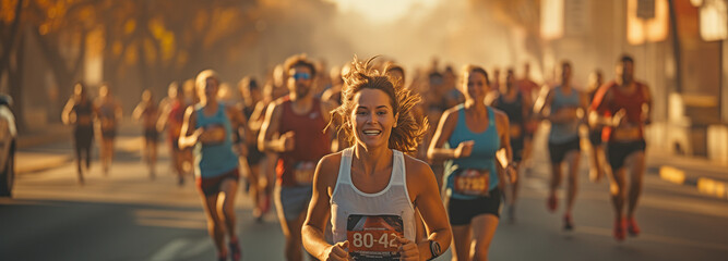 Men competing in a road race or marathon run competition. - obrazy, fototapety, plakaty