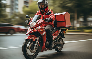 Using a delivery box, a delivery person rides a motorbike.