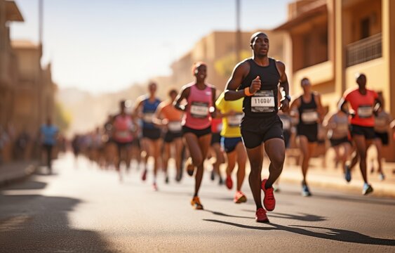 Men competing in a road race or marathon run competition.