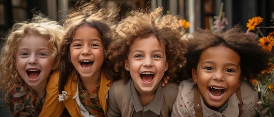 happy, multicultural children having a good time together outside while pulling funny expressions and glancing at the camera. - obrazy, fototapety, plakaty
