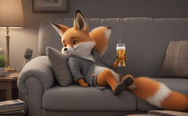 A cartoon little cute fox is sitting on the couch watching a movie, drinking beer, and holding a small gray bunny