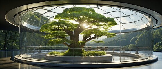 concept of green, eco-building. green tree indoors with solar canopy for energy efficiency and clean, fresh air. - obrazy, fototapety, plakaty