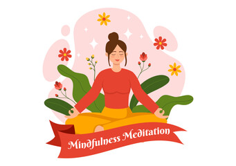 Mindfulness Meditation Vector Illustration of Person with Closed Eyes and Crossed Legs and Relaxation in Yoga Lotus Posture Flat Background