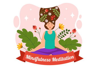 Mindfulness Meditation Vector Illustration of Person with Closed Eyes and Crossed Legs and Relaxation in Yoga Lotus Posture Flat Background