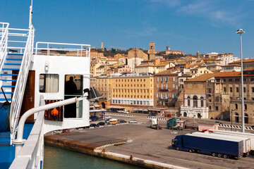 Vessel Command Bridge and Maneuvering of a Ferry Ship Entering the port of Ancona, Marche Italy