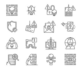 Cyber attack icons. Digital data cyber attack risk, internet network hack treat or computer malware or spyware software danger thin line vector pictograms set with skull, hacker or theft, worm and bug