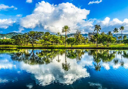 Colorful Green Trees Clouds Ala Wai Canal Reflection Honolulu Hawaii